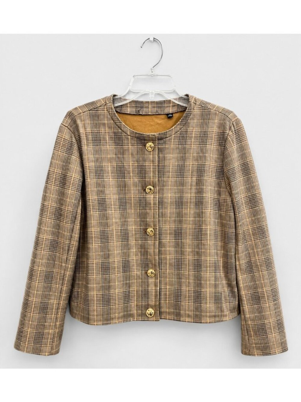 Ted Baker Woman’s Size XL Collarless Cropped Blazer Brown Plaid Gold Bottons NEW